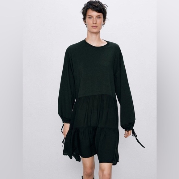 NWT ZARA Women’s Dark Hunter Green Relaxed Peasant Short‎ Dress Small S - Picture 5 of 13